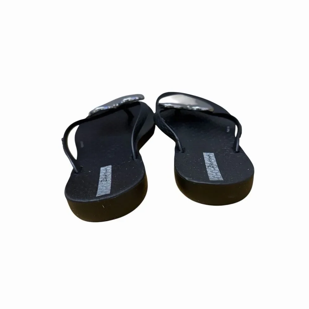 Ipanema Kids Girls Sz 2/3 Black Flip Flops Silver Heart Accent Sandals Slip On